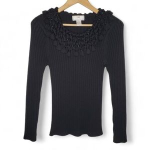 Lisa International Women’s Beaded and Braided Collar Padded Shoulder Sweater S